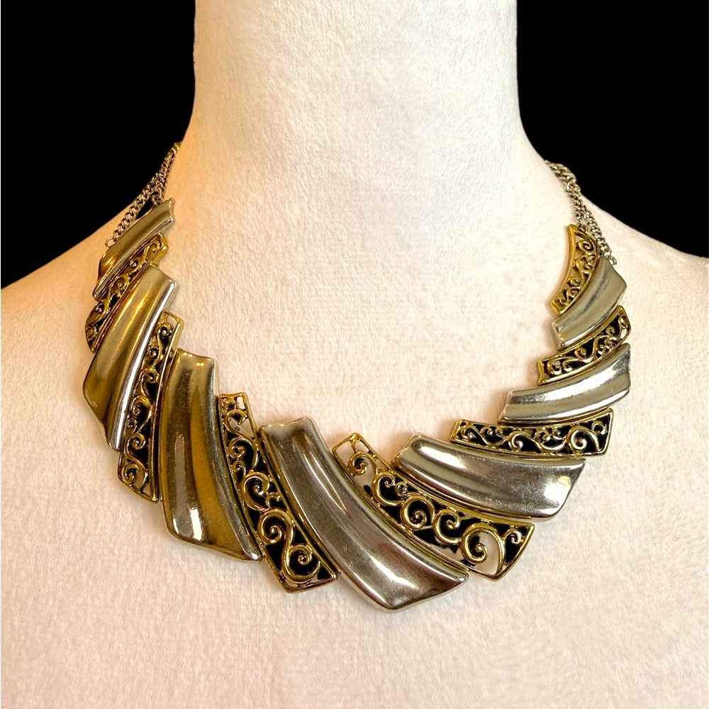 Vintage Silver and Gold Tone Necklace, Filigree